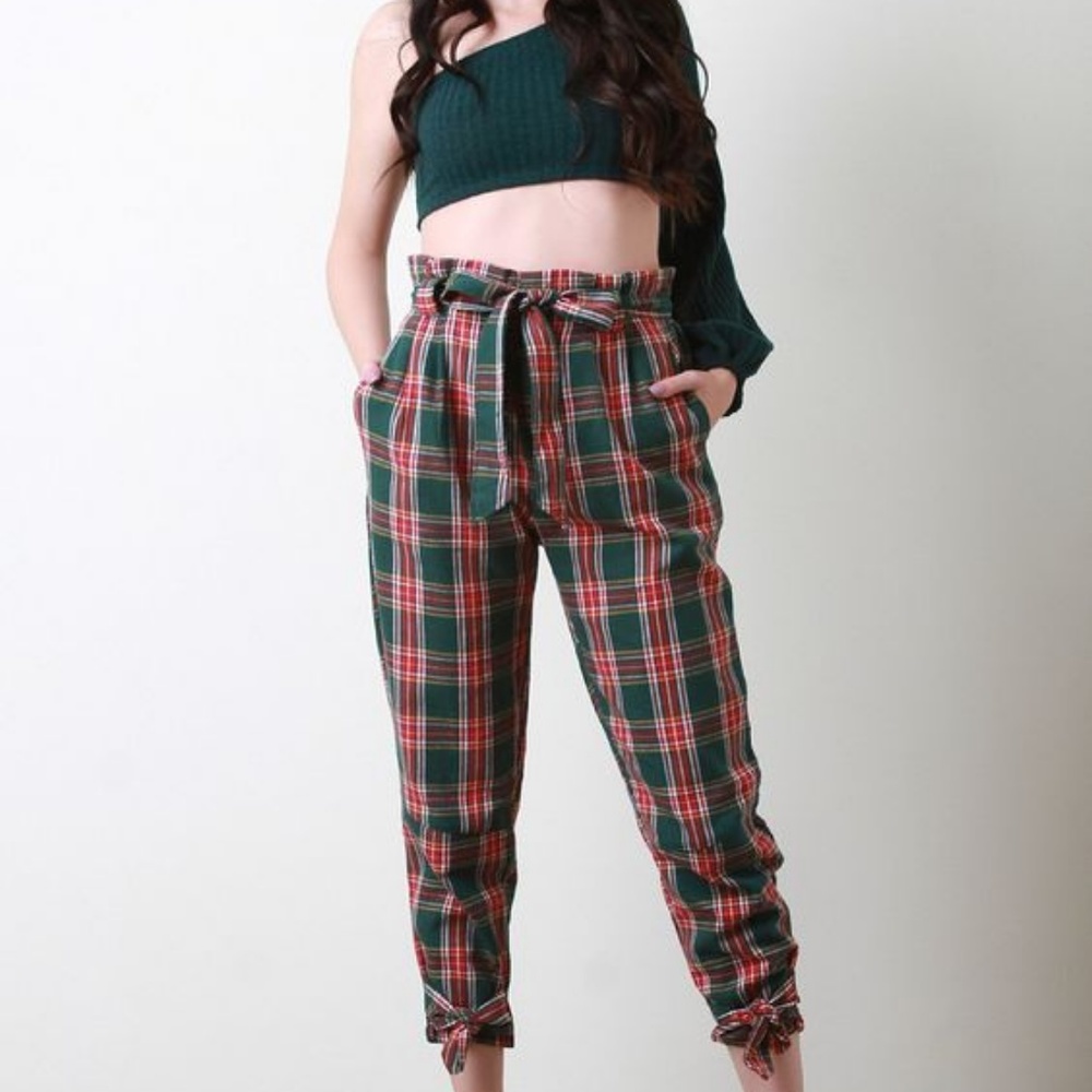 Sale ! Green Plaid Print Pants - Picture 2 of 7
